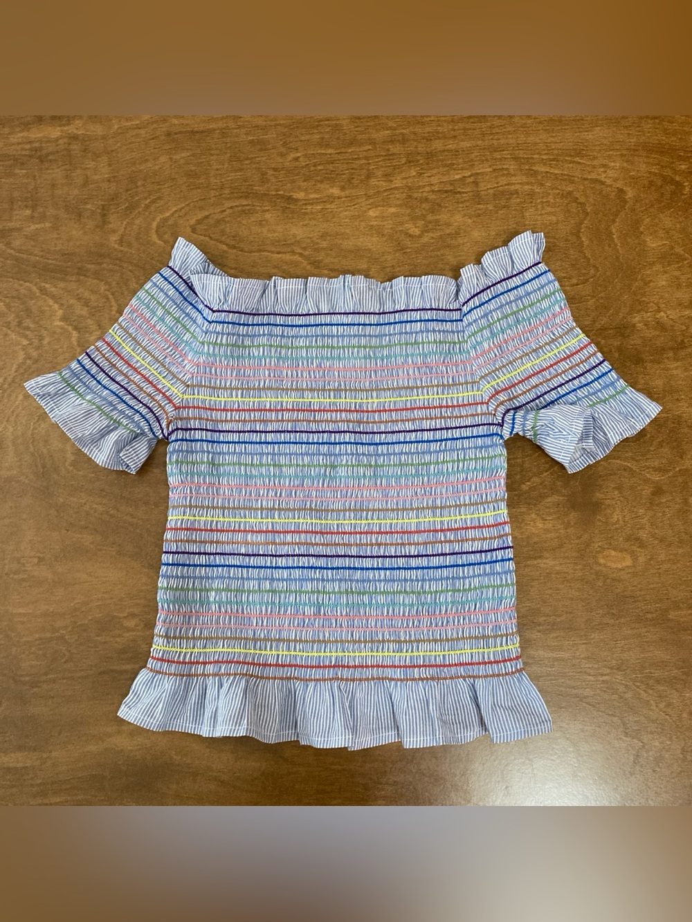 Japna Multi-colored striped off the shoulder crop top with ruffles 
Size s